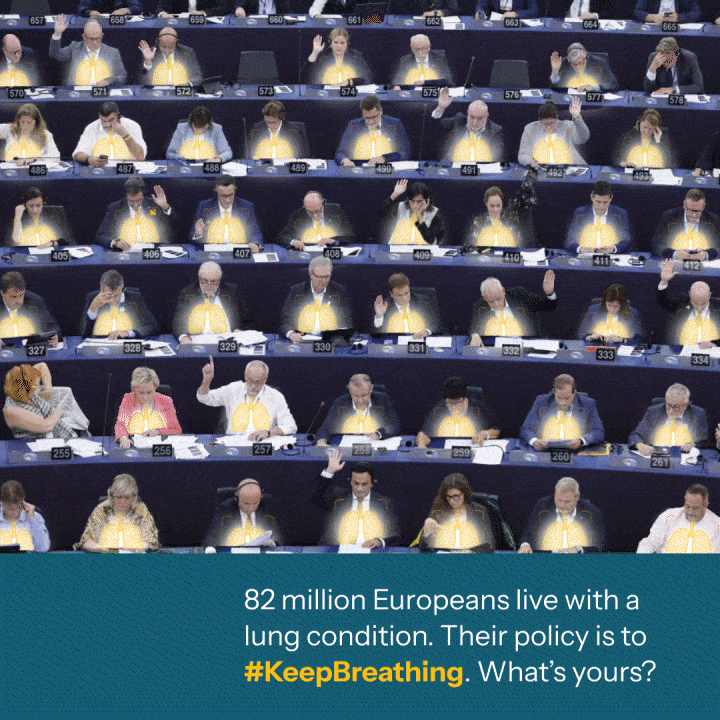 KeepBreathing campaign: MEPs with yellow lungs shapes on their chest. Text reads: 82 Million Europeans live with a lung condition. Their policy is to #KeepBreathing. Whats's yours?